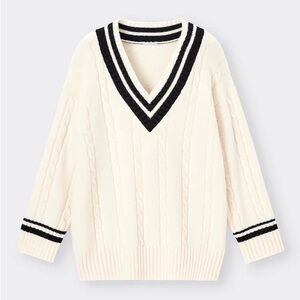 Soft-Touch Tilden V-Neck Oversized Sweater (Long Sleeve) in Cream & Black